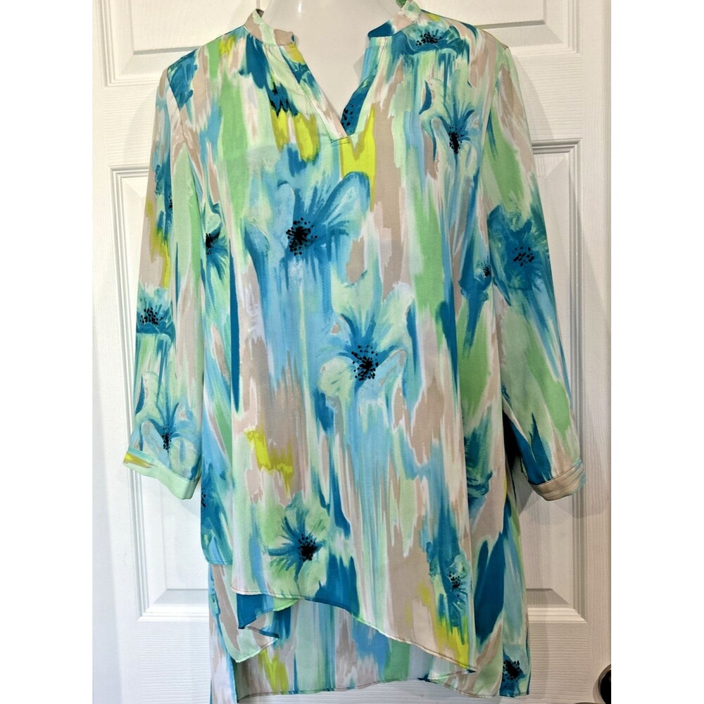 Zac & Rachel Women XL Watercolor Floral Flutter Hem Tunic Crepe Polyester Blouse